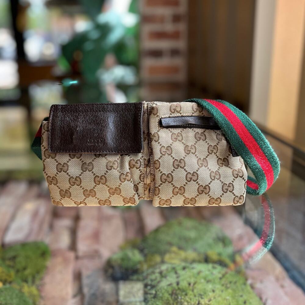 GUCCI GG Web Canvas Double Pocket Belt Bag